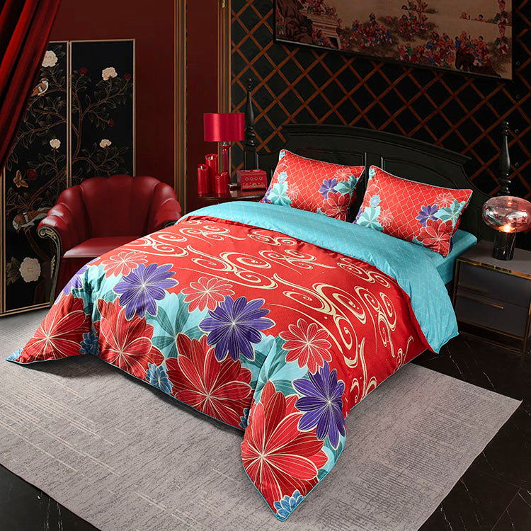 A-Fontane Trendy Red Cotton Sateen Wedding Collection Quilt Cover Set 