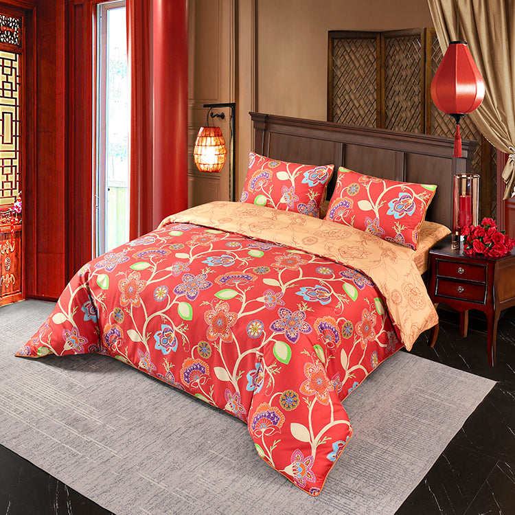 A-Fontane Trendy Red Cotton Sateen Wedding Collection Quilt Cover Set #9607 花好月圆