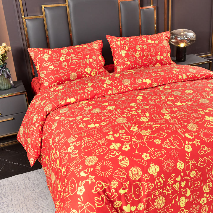 A-Fontane Trendy Red Cotton Sateen Wedding Collection Quilt Cover Set #9609 永结同心