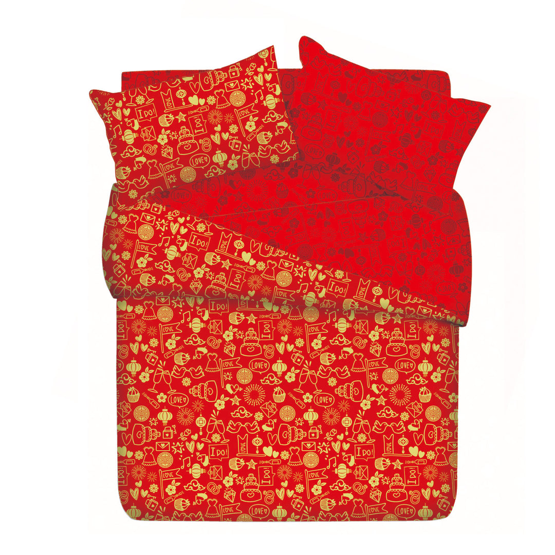 A-Fontane Trendy Red Cotton Sateen Wedding Collection Quilt Cover Set #9609 永结同心