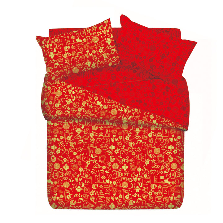 A-Fontane Trendy Red Cotton Sateen Wedding Collection Quilt Cover Set #9609 永结同心