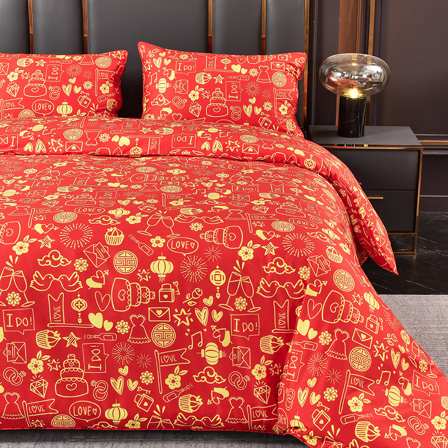 A-Fontane Trendy Red Cotton Sateen Wedding Collection Quilt Cover Set #9609 永结同心